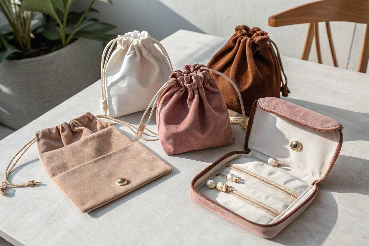 A woman placing a small, compact jewelry case into her purse.