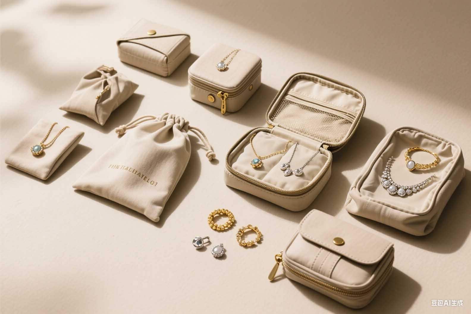 Different types of jewelry travel bags displayed.