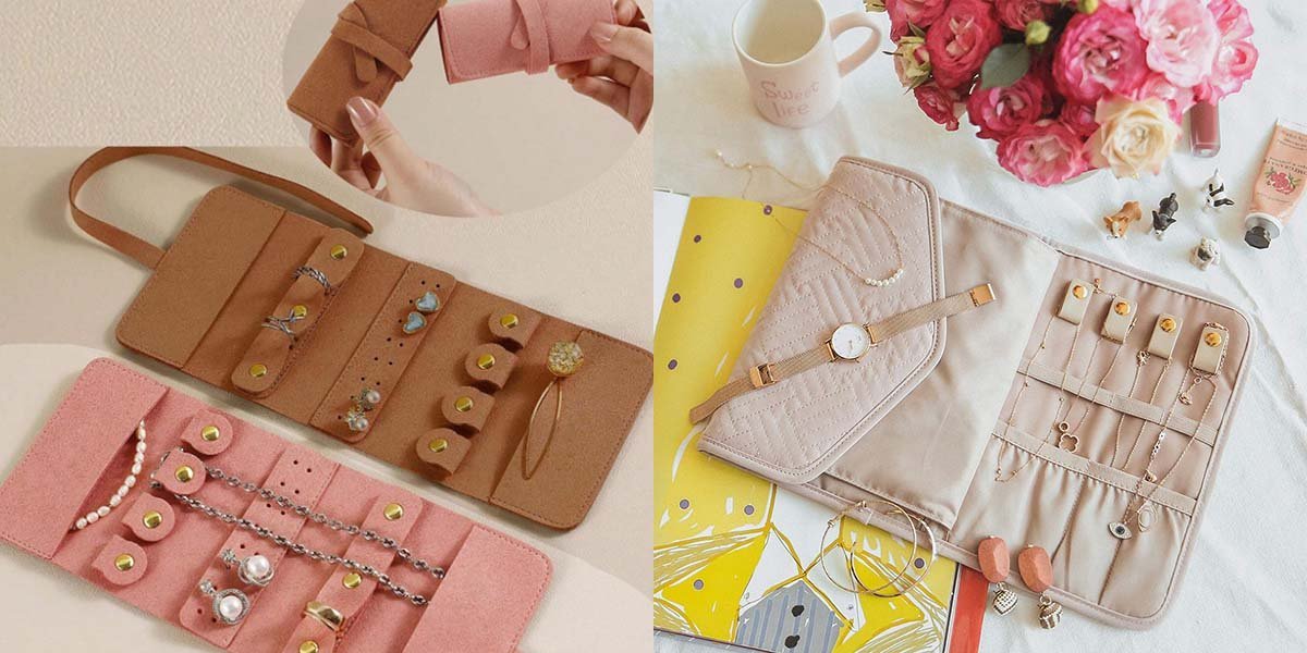 A travel jewelry bag with hooks for untangled necklaces.