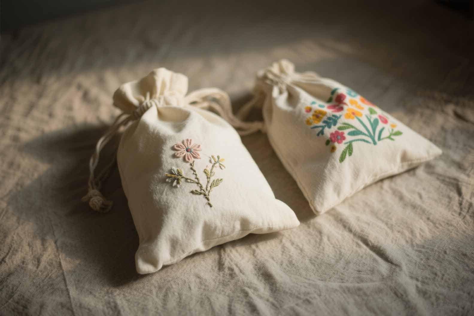 A muslin bag with a simple embroidered flower and another with an iron-on print.