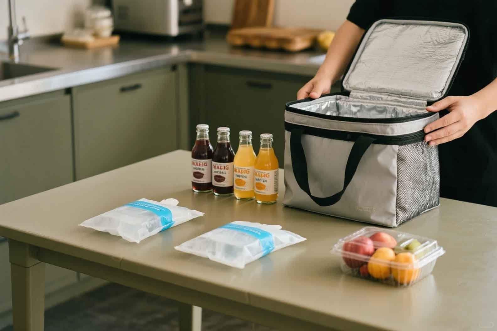 Ice packs being placed inside a custom cooler bag