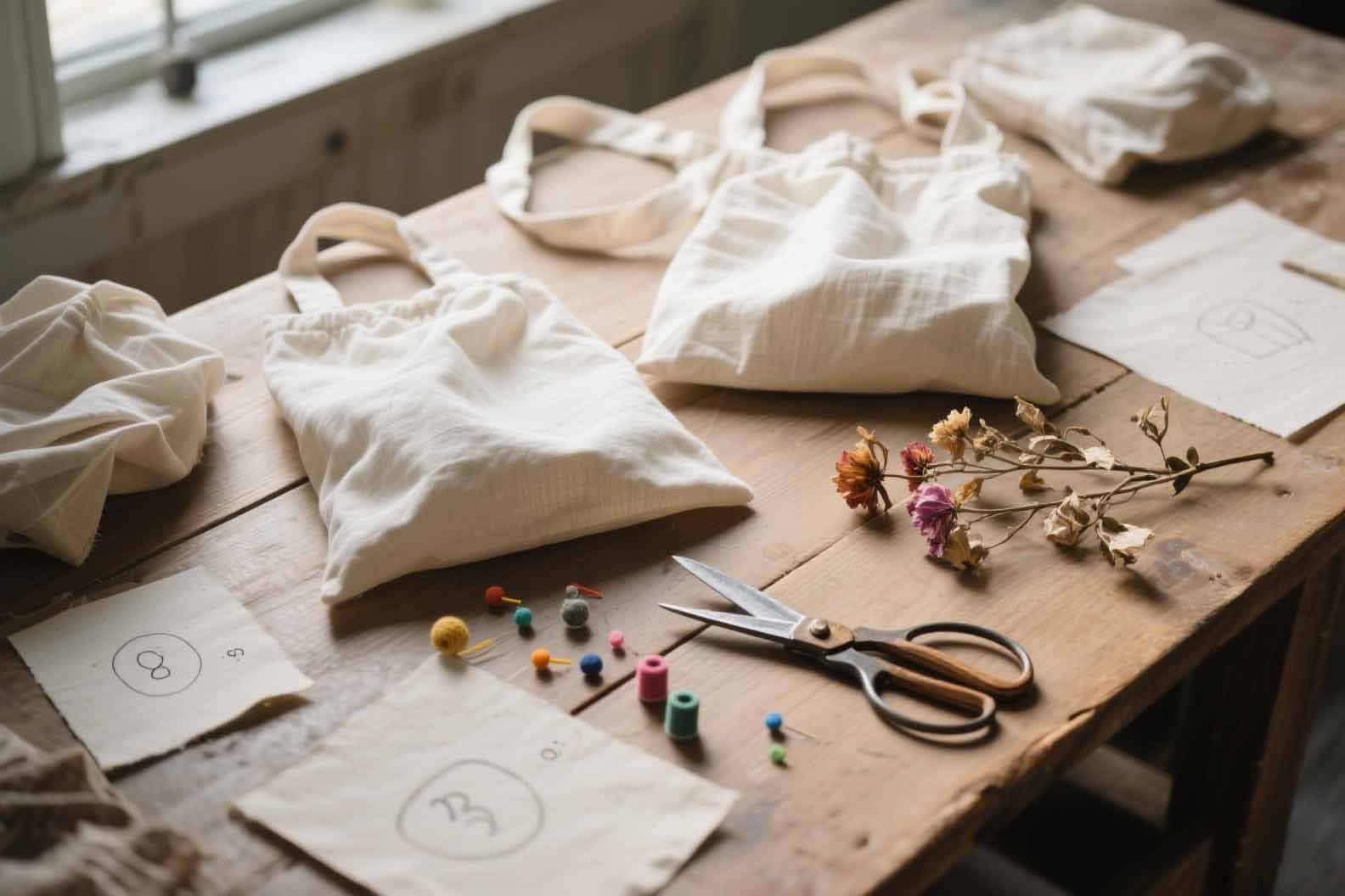 A collection of plain muslin bags ready for a DIY project.