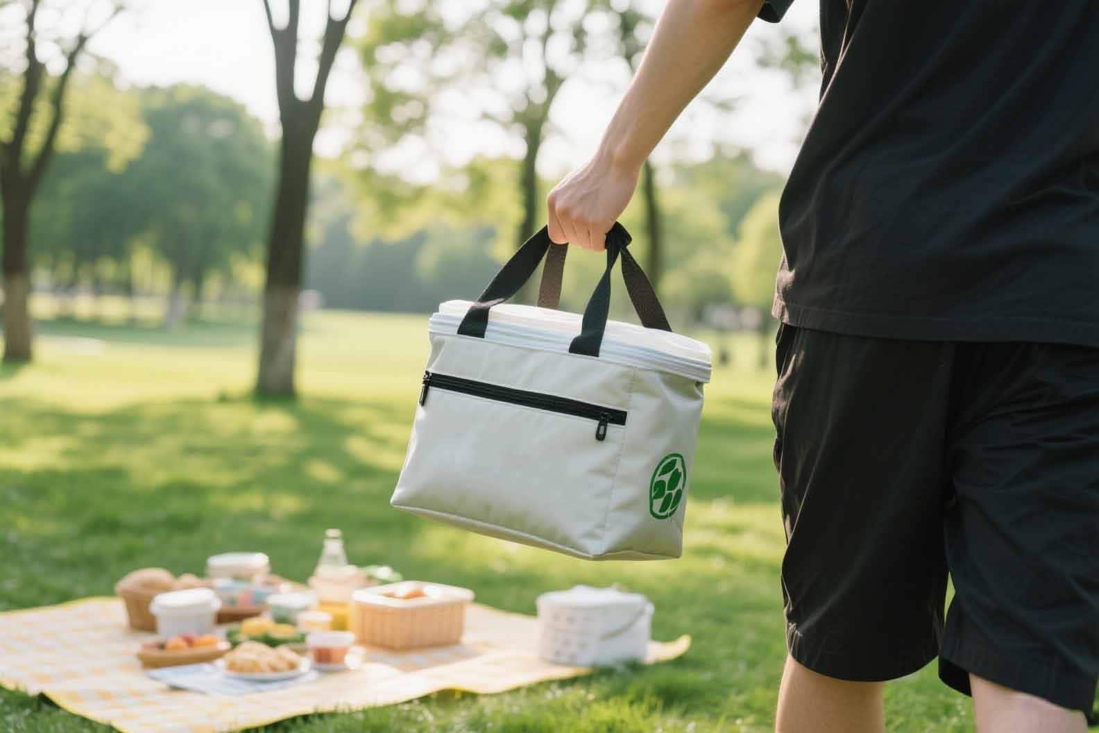 A person easily carrying a branded rPET cooler bag to a picnic