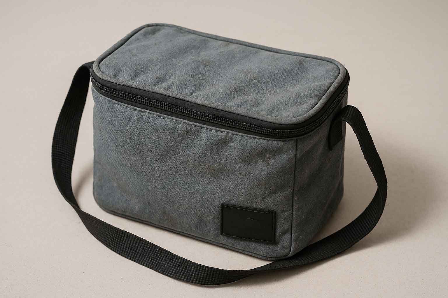 A worn rPET cooler bag with some pilling on the fabric