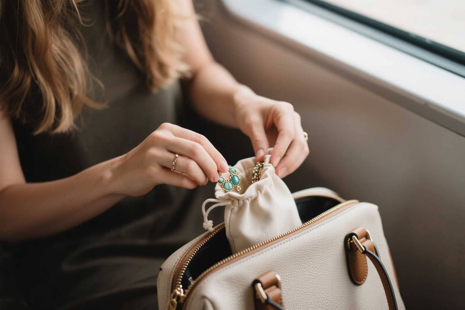 A compact jewelry pouch being placed into a carry-on bag.