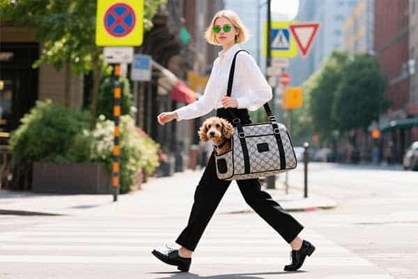 A stylish person carrying a pet in a tote bag on a city street