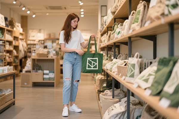 A woman comparing different tote bags at a store, trying to decide which one best fits her needs.