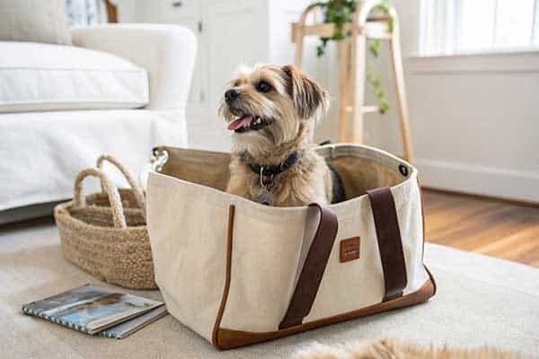 A small dog comfortably sitting inside a canvas tote bag