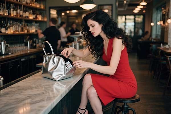 A woman rummaging through her tote bag,