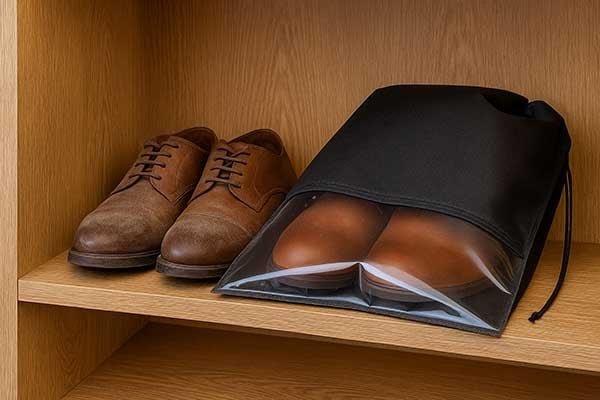 Side-by-side comparison of a dusty shoe and a clean shoe in a dust bag