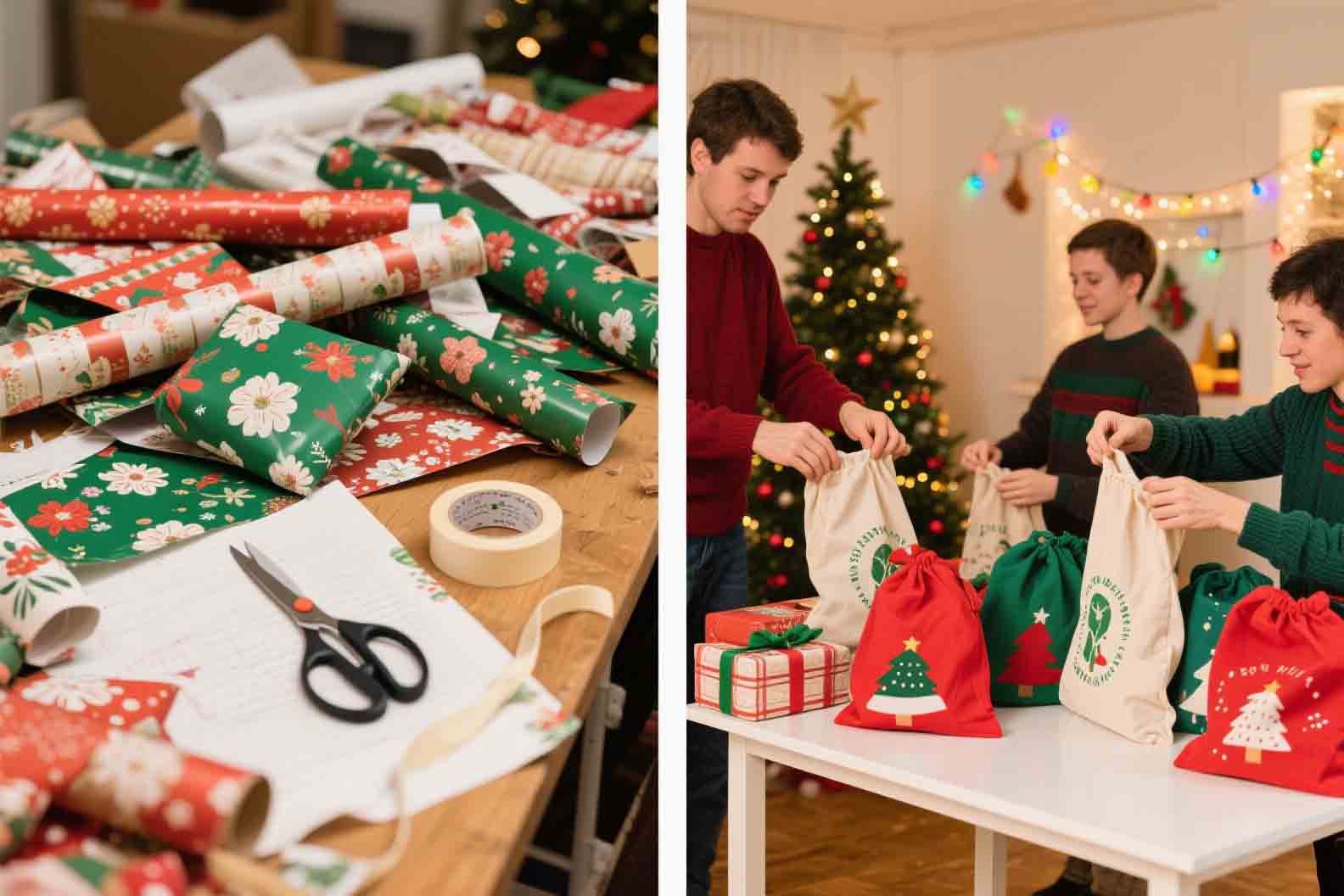A person easily placing a gift into a drawstring fabric bag.