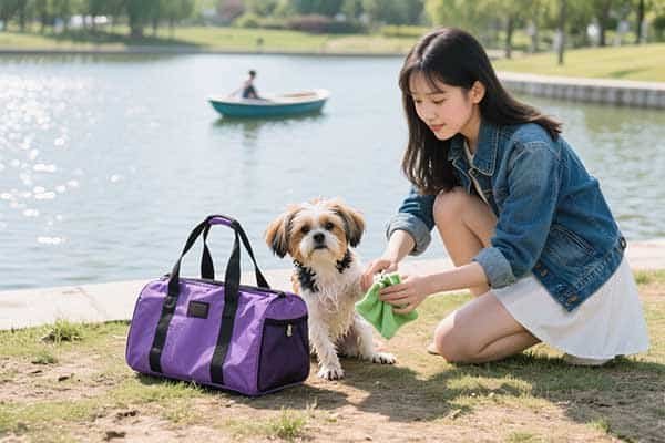 A person easily wiping a waterproof tote bag clean with a cloth
