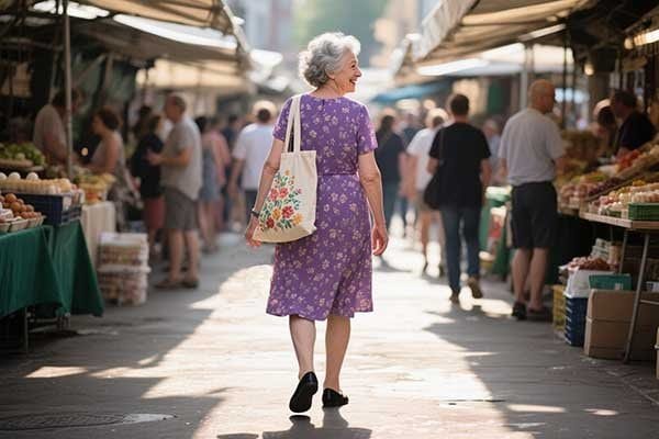 Woman happily carrying a canvas tote bag full of groceries, smiling at the camera, highlighting eco-friendly shopping.