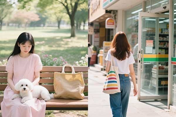 Eco bags being used for daily grocery shopping and commuting.