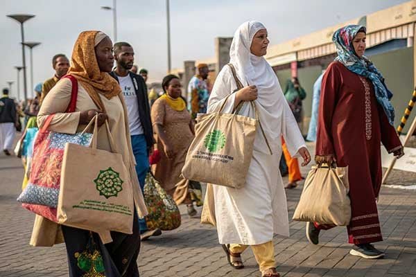 Various eco bags: cotton, jute, recycled materials.