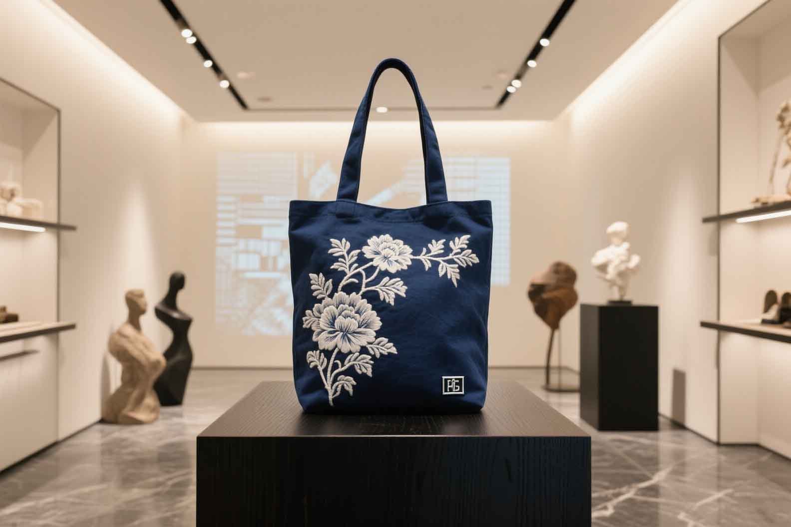 An embroidered tote bag displayed elegantly in a museum gift shop.