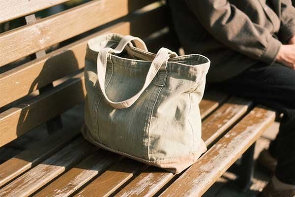 An old, well-loved canvas bag with some fading but still intact.