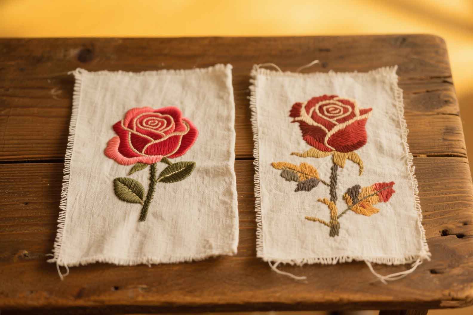 A side-by-side view showing the uniform stitches of machine embroidery next to the artistic stitches of hand embroidery.