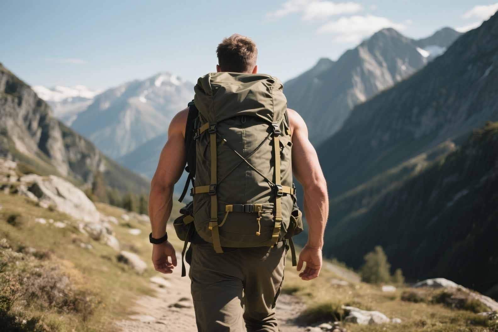 A hiker with a nylon backpack in the mountains