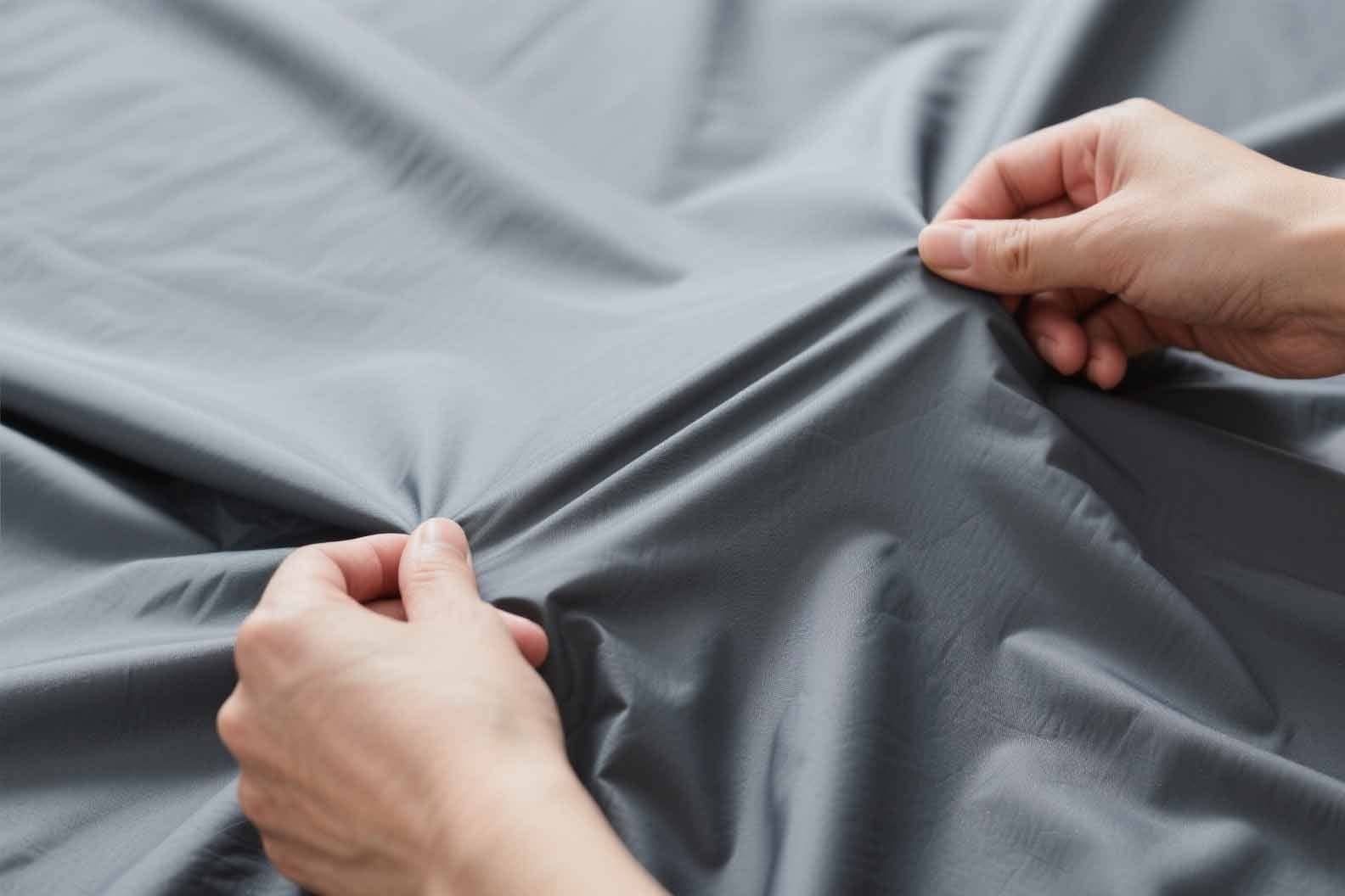 A nylon fabic being stretched to show its elasticity