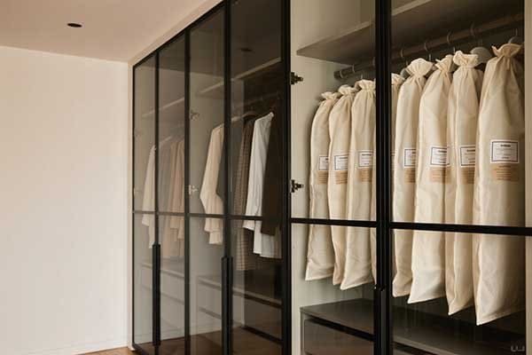 A neatly organized closet with items stored in non-woven dust cover bags