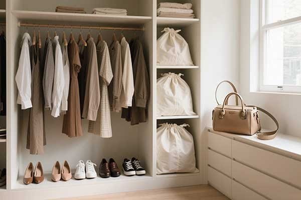 A perfectly organized wardrobe using uniform non-woven dust bags