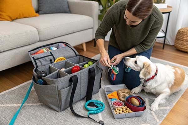 A person placing a small toy and a bag of treats into an interior pocket of a tote