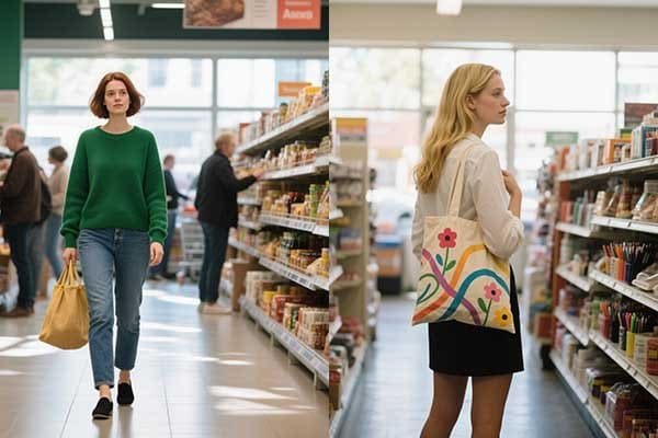 Canvas and jute bags in US and European settings.