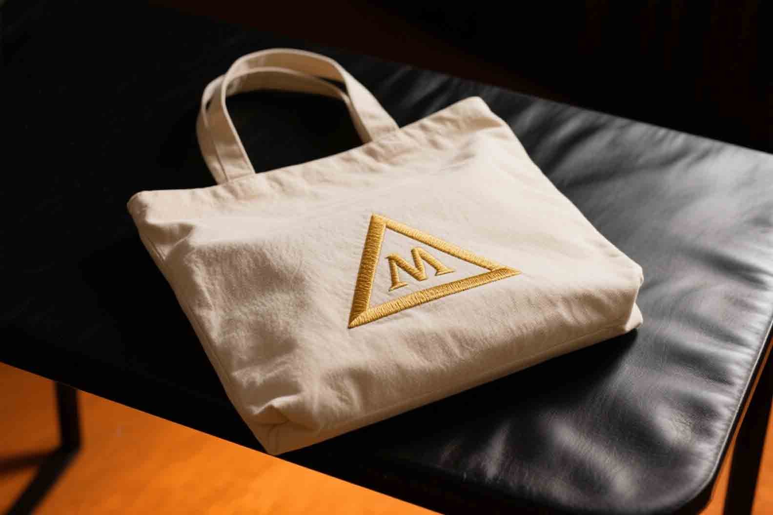 A close-up of a high-quality embroidered logo on a natural canvas bag.