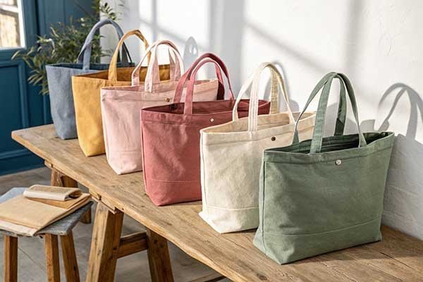 A collection of stylish canvas tote bags in various colors.