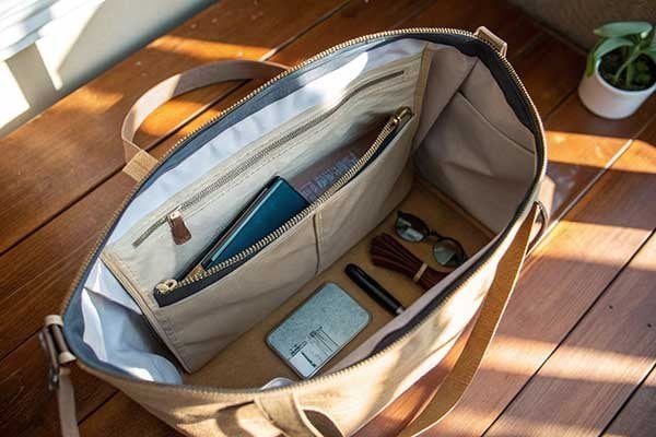 Close-up of a tote bag with built-in inner pockets, highlighting thoughtful interior design.