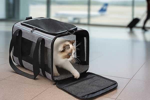 A cat sitting inside a structured, hand-held pet carrier with mesh sides.