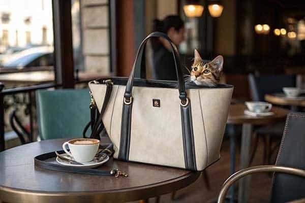A stylish tote bag that works for pet transport and as a personal handbag