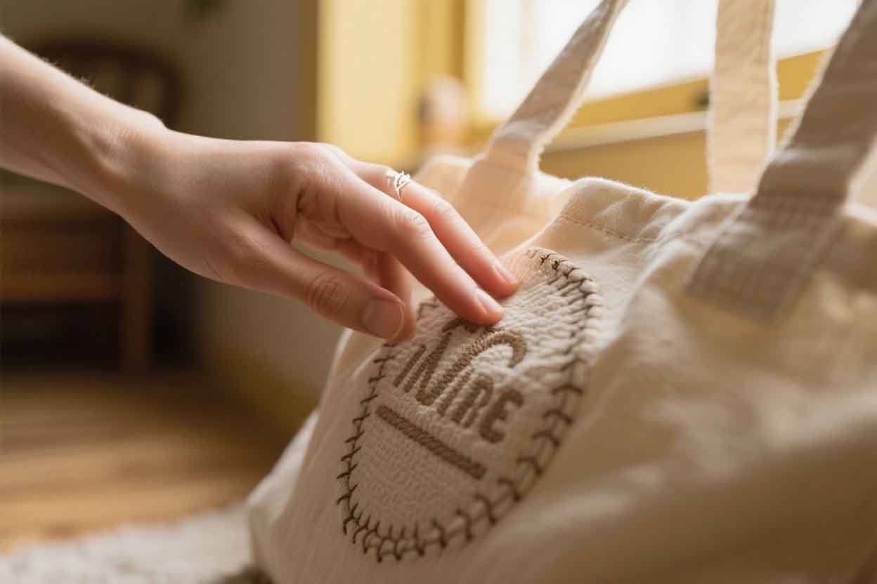 A person running their fingers over the textured embroidery of a brand logo on a canvas tote.