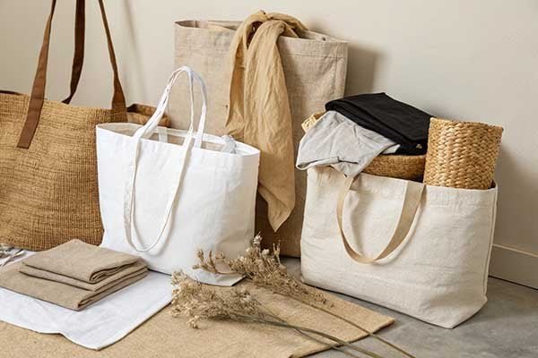 A hand holding swatches of different tote bag materials like cotton, canvas, jute, and Tyvek, illustrating variety.