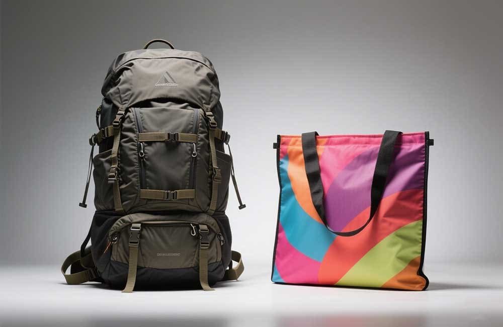 A split image showing a nylon hiking pack and a polyester tote bag
