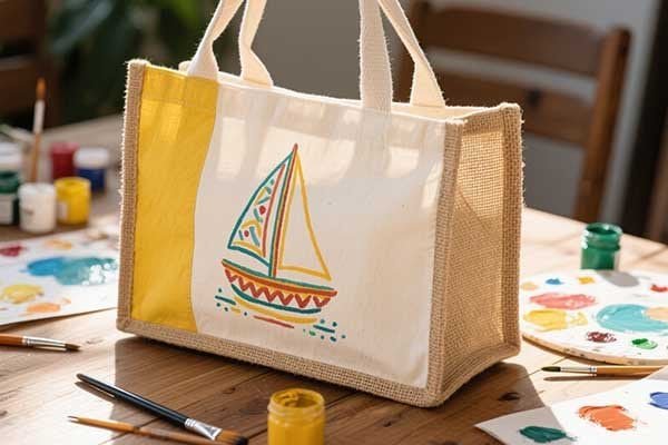 A canvas jute bag with a detailed painted design on the canvas panel