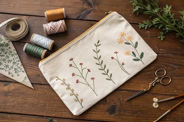 A canvas bag on a wooden table.