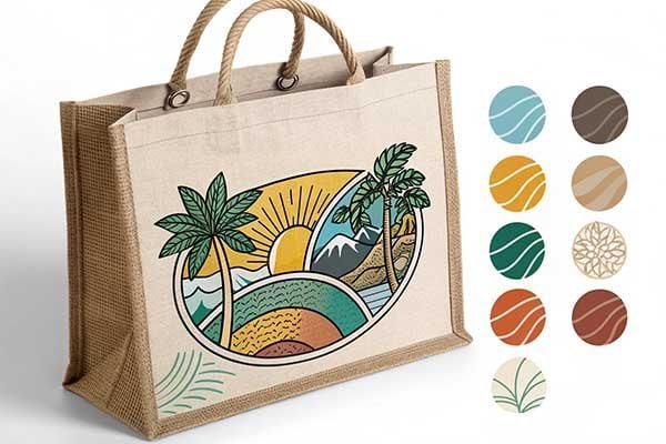 An illustration of a jute beach bag with a custom logo printed on the front, showing a variety of colors and fonts