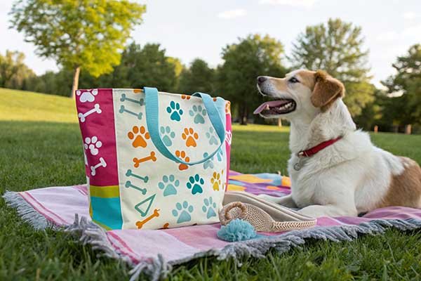 A dog sits next to a canvas tote bag