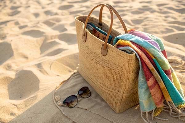 A jute bag resting on a sandy surface, with a towel and sunglasses peeking out of it