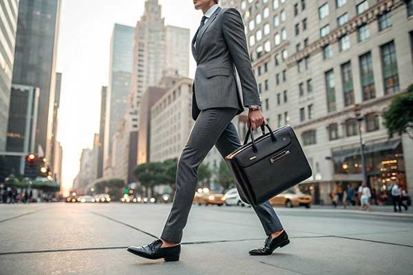 A person in a sharp business suit walking, holding a sleek leather briefcase.