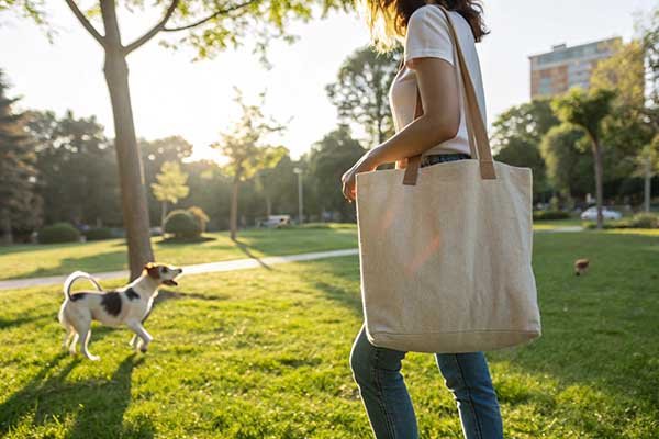 A person with a dog at a park holding a canvas bag