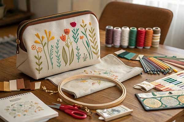 Top view of crafts with a canvas zipper bag.