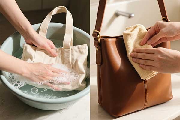 A split image showing one side with a canvas bag being washed, and the other with a leather bag being gently wiped with a soft cloth.