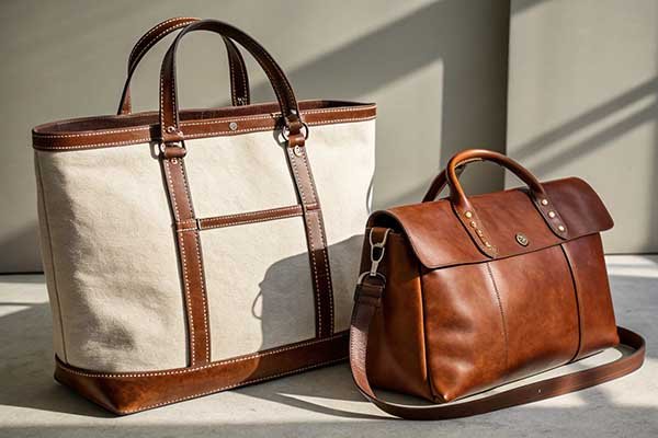 A simple illustration showing two bags side-by-side, one a textured canvas tote and the other a smooth leather satchel.