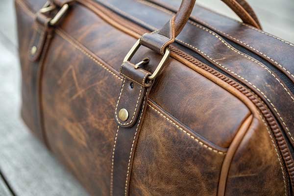 A close-up shot of a leather bag's texture, showing a rich color and a slight, aged patina.