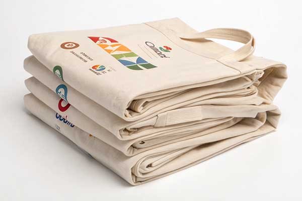 A stack of plain canvas tote bags with different brand logos printed on them in various colors.