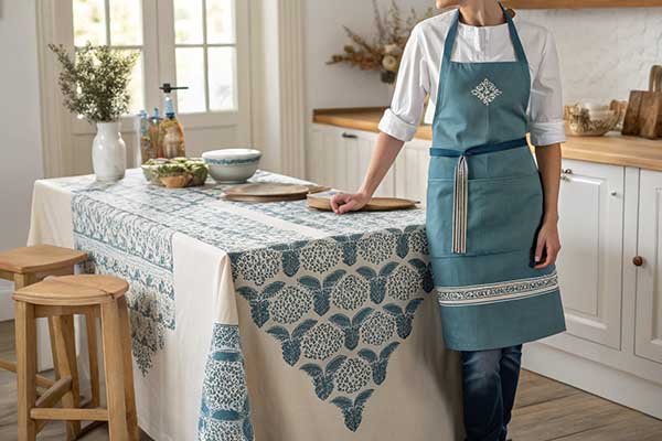 A professionally staged photo of a kitchen scene with a matching apron, and tablecloth, making the products look inviting and useful.
