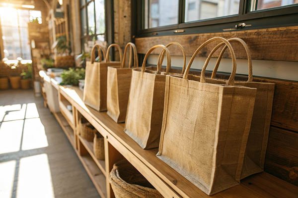 Jute bags on a shelf